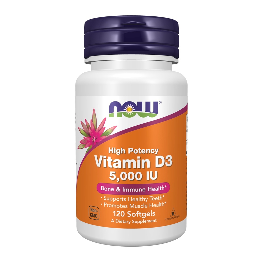 NOW Integratori alimentari, Vitamina D-3 5000 IU, Alta potenza, Supporto strutturale*, 120 Softgels