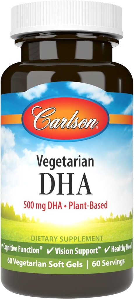 Carlson - DHA Vegetariano, 500 mg DHA, Plant Based, Sostenibilmente Fonte da Alghe, Brain Support, Mood Health, 60 Softgels