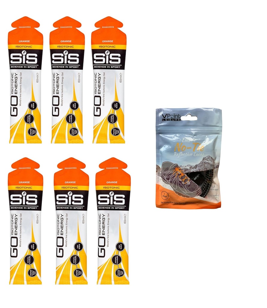 Scienza in sport GO Isotonic Energy Gels - 6 x 60ml Packs Bundle con elastico No-Tie Shoe Laces. Vegan, Senza lattosio, Senza glutine, Senza grano, Senza noci, SOYA Free (Orange)