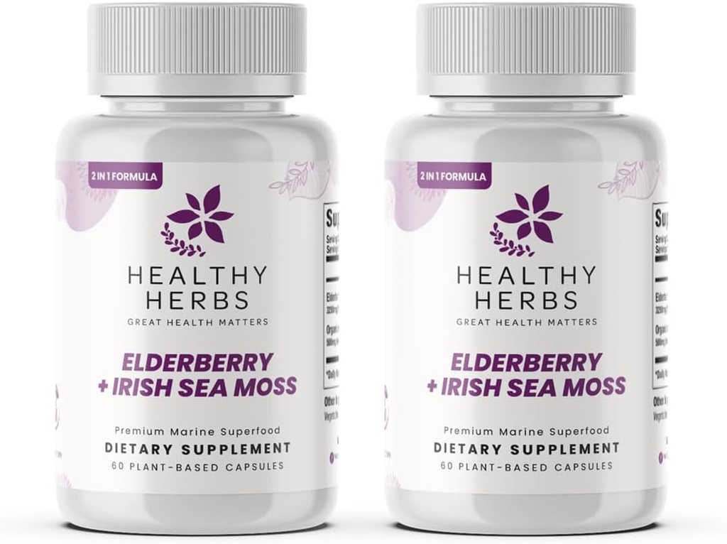 Erbe sane Wildcrafted Elderberry Sea Moss Capsule | 2600mg Irish Sea Moss + Elderberry Essentials Blend | US-Made, Vegan, Non-GMO, Easy-Swallow (2-Pack)