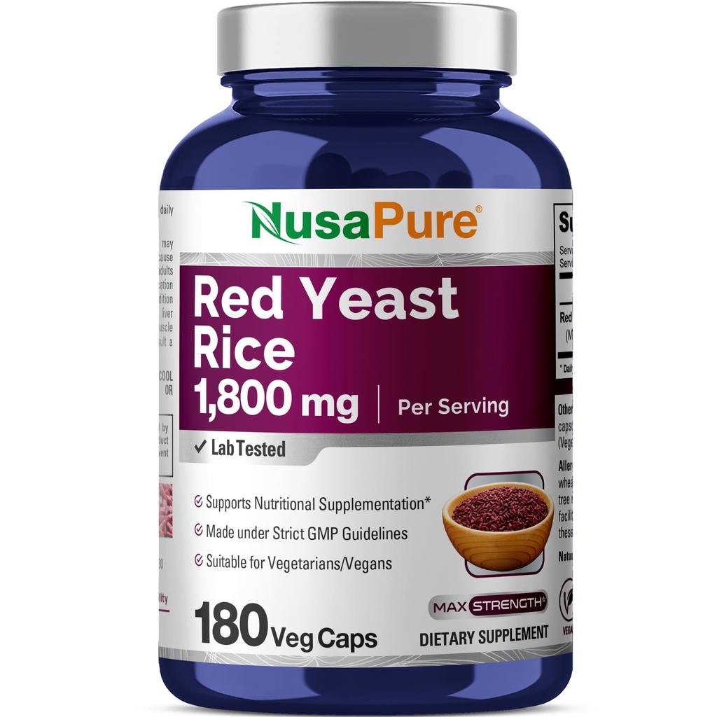 NusaPure rosso lievito di riso 1800mg 180 capsule vegetali (non OGM, Vegan)