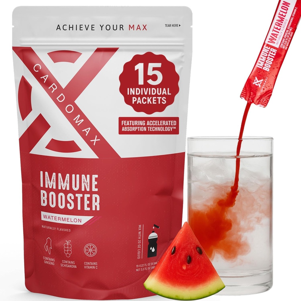 CardoMax Immunity Booster Liquid Drink Mix con Ginseng e Vitamina C per bambini e adulti, Integratore di supporto immunitario per l'energia e il benessere, Sapore di anguria, 15 pacchetti di Stick Liquidi Single-Serve