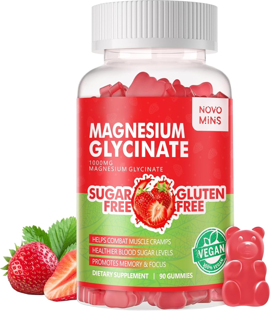 90 CT Magnesio Glycinate Gummies - Zucchero Gratuito Magnesio Supplemento di Potassio con Vitamina D, B6, CoQ10 per Calma Mood & Sleep Support - 90 Gummie di Fragola