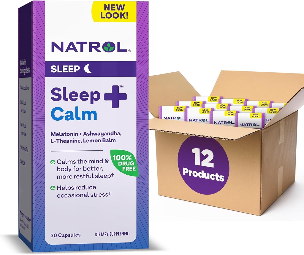 Natrol Sleep+ Calm Melatonin 6mg Con Ashwagandha, L-teanina e limone Balm, Supplemento dietetico per il sonno riposante e calmare la mente, 30 capsule, 30 giorni di alimentazione (pacchetto di 12)