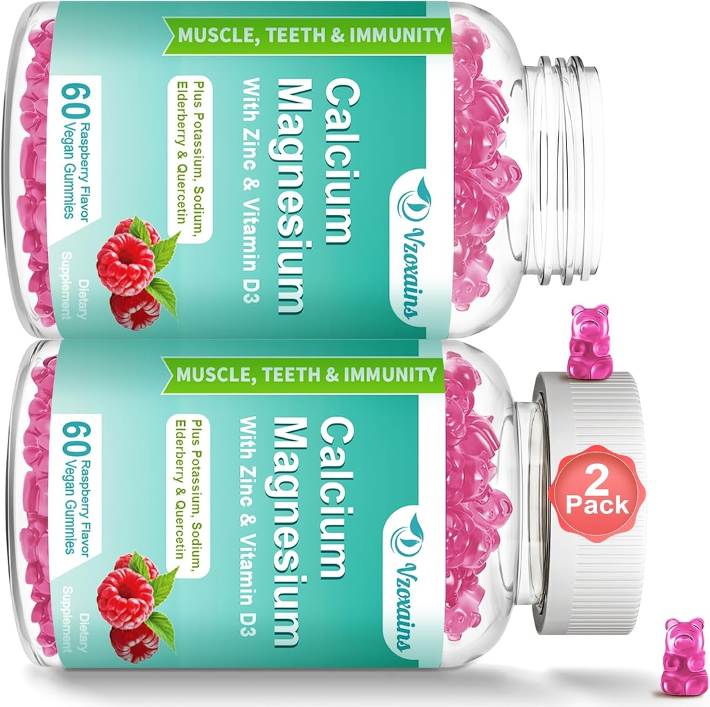 Gummie di calcio ad alto assorbimento, zinco di magnesio di calcio con glicinato di magnesio, potassio, vitamina D3 per le donne e gli uomini - lampone aromatizzato 120 Cts