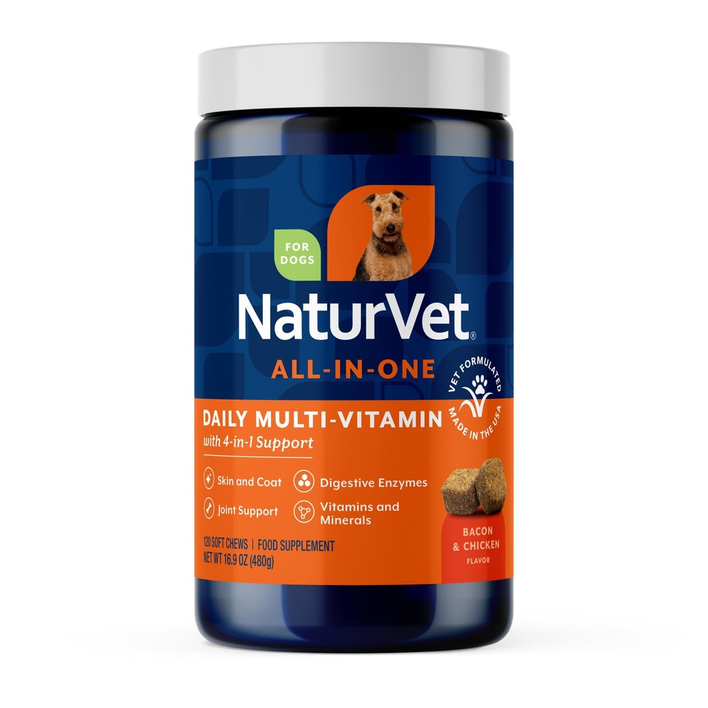 NaturVet All-in-One Dog Supplement - per il supporto congiunto, la digestione, la pelle, la cura dei cappotti – Cane Multivitaminici con minerali, Omega-3, 6, 9 – Vitamine senza grano per cani – 120 Soft Chews