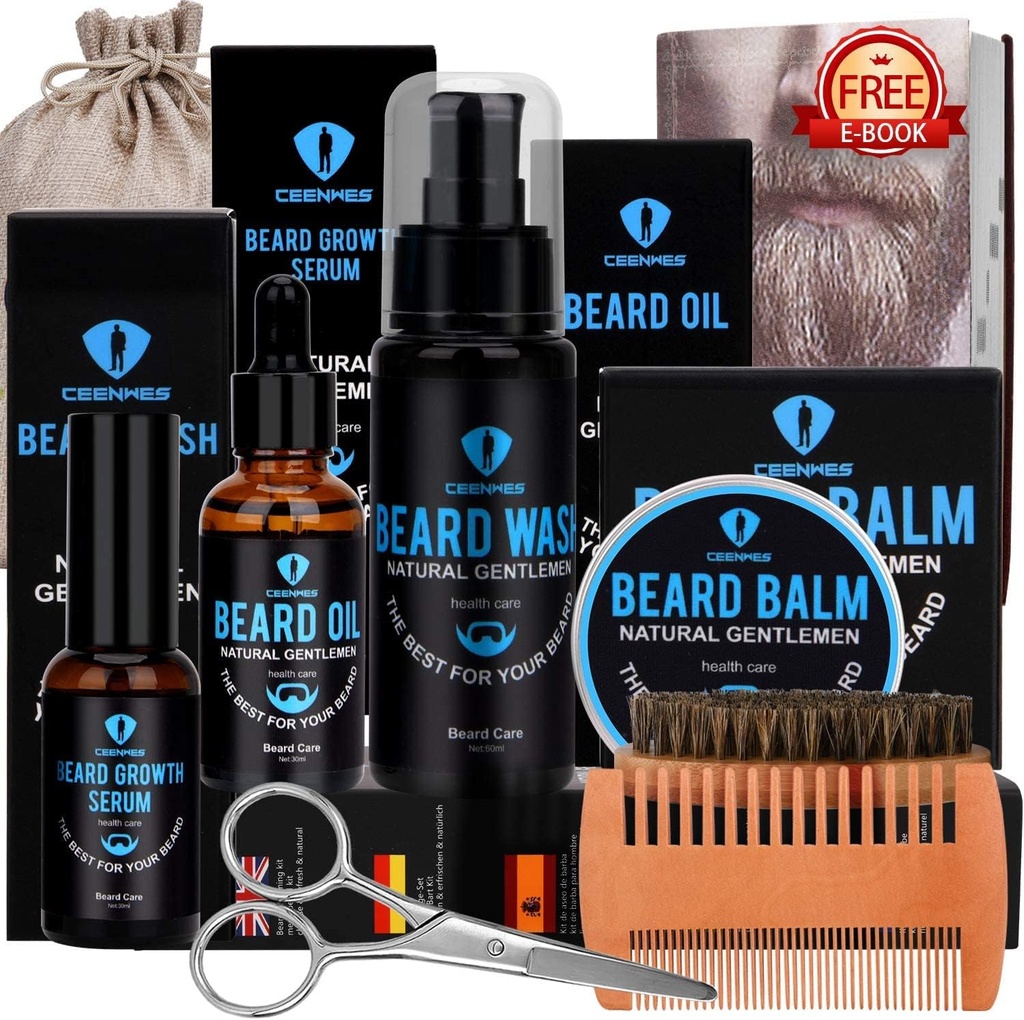 Kit Grooming del cuscinetto, Kit della barba con olio del cuscinetto, Siero di crescita della barba, Lavaggio della barba, Balm del cuscinetto, Spazzola della barba, Pettinato, Forbici del cuscinetto & Mustache Kit di crescita del cuscinetto Regali unici per gli uomini