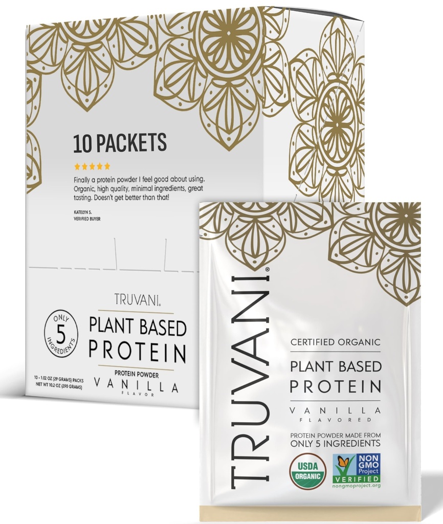 Truvani Vegan Pea Protein Powder | Vanilla | 20g Organic Plant Based Protein | Single Serving Travel Packets | 10 Servings | Keto | Gluten & Dairy Free | Low Carb | No Aggiunto Sugar