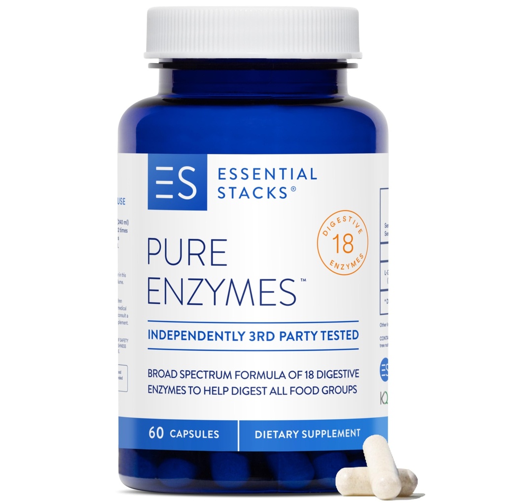 Essential Stacks Pure Digestive Enzymes (Gluten, Dairy & Soy Free) - 18 Enzimi per Digestione incl. Amylase, Lipase & Lactase - Vegetariano & Non OGM (60 capsule)