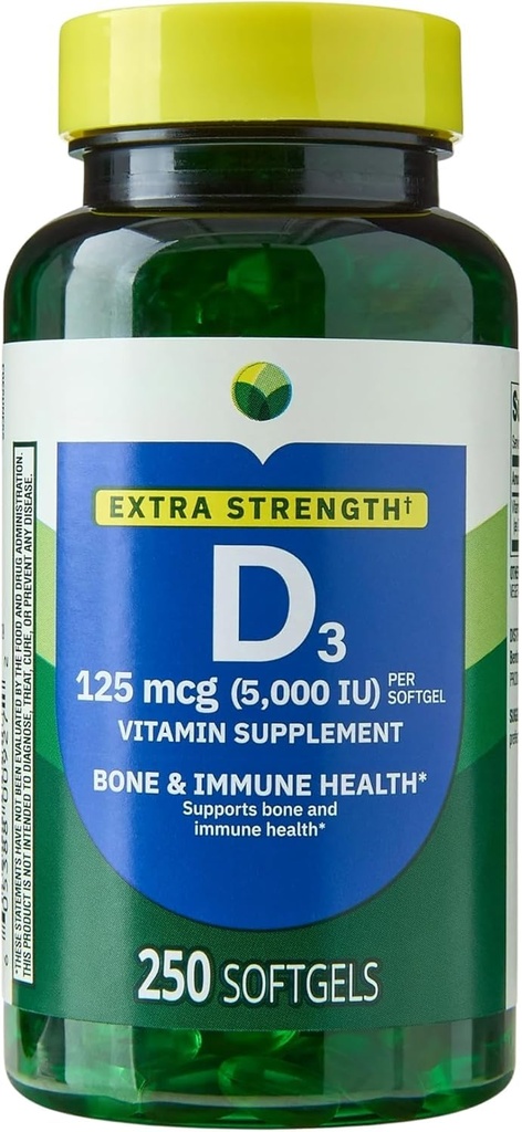 H4U Vitamina D3 5000 IU (125 mcg) Softgels | Supporti Bone, Denti & Salute Immune | Vitamina Sunshine ad alta potenza | Supplemento Easy-to-Swallow | 250 Conte