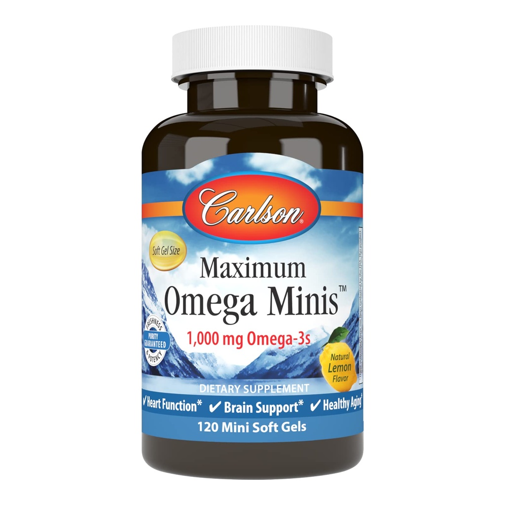 Carlson - Mini Omega, 1000 mg Omega-3, Funzione cardiaca, Supporto cerebrale e invecchiamento sano, Limone, 120 Mini Softgels