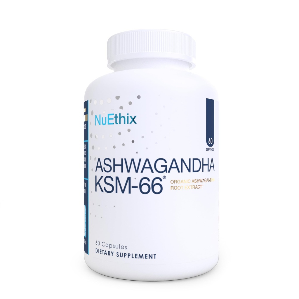 NuEthix Formulations Ashwagandha KSM 66, 500mg di KSM-66 Estratto di radice, Mood, Stress, & Cognitive Support, BioPerine Black Pepper Extract, Gluten Free, Vegetariano, Non OGM, & Dairy Free, 60 Servings