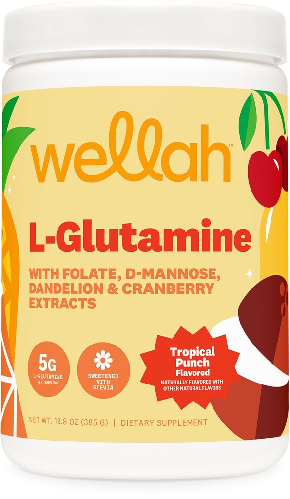 Wellah L-Glutamine Polvere Tropicale Punch (50 Serve) - 5g L-Glutamina Per Serving, Addolcito con Stevia