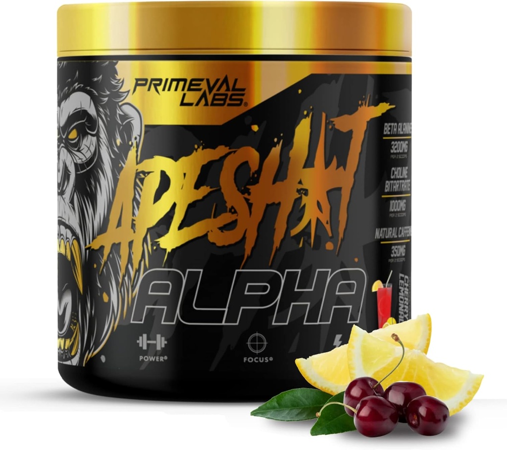 Primeval Labs Ape Alpha Natural Pre Workout per gli uomini e le donne | Aumentare la resistenza e la messa a fuoco | 350mg Caffeina Polvere | Beta-Alanine |L citrullina | Nitric Oxide Booster | Cherry Lemonade, 40 Servings