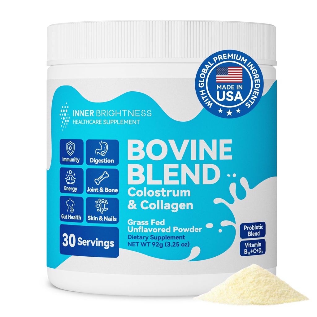Bovine Colostrum & Collagen Powder for Gut Health, Supporto Immune, Hair Growth & Beauty Supplement, Sugar Free – IgG, Probiotics, Vitamina B12, C, D3 – Unflavored, 30 Serve