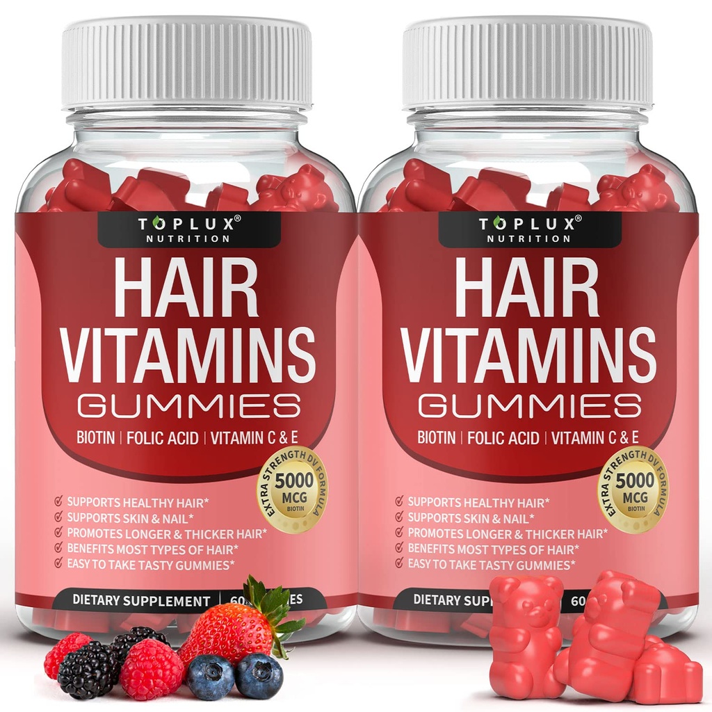 Capelli Vitamine Gummies Supplemento – Faster Hair Growth Gummy 5000mcg Biotin, Acido Folico, Vitamina C & E, Support Stronger & Thicker Hair, Skin, Nails, Non-GMO, per Uomo Donne, 60 Gummies aromatizzati di bacche