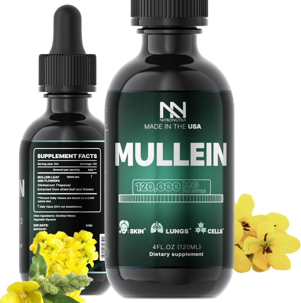 Gocce di Mullein per polmoni - Lung Cleanse & Detox - Estratto di foglie di Mullein per polmoni - Detox polmonare per fumatori - Supporto bronchiale e immunitario - Foglia di Mullein Gocce 4 Fl Oz
