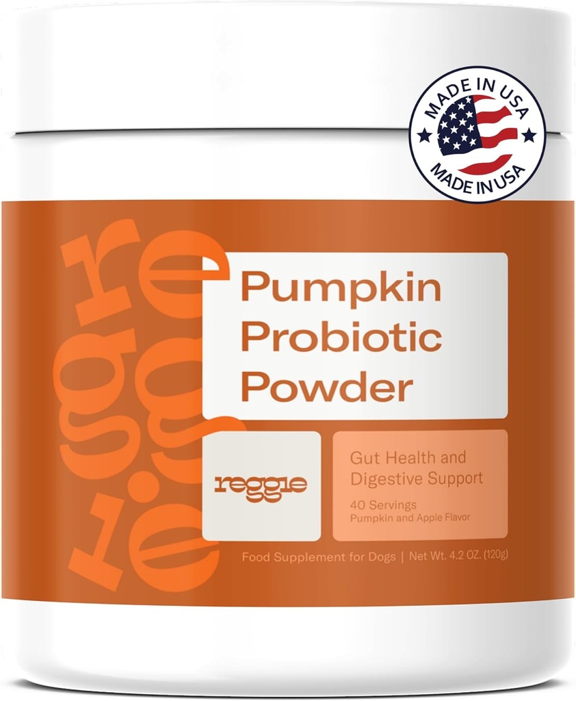 Polvere probiotica della zucca Reggie per cani | Probiotici 7-Strain + zucca per la salute del fegato, la digestione e la consistenza dello sgabello | Supplemento digestivo naturale del cane | Vet-Approved & Made in USA | 40 Scoops