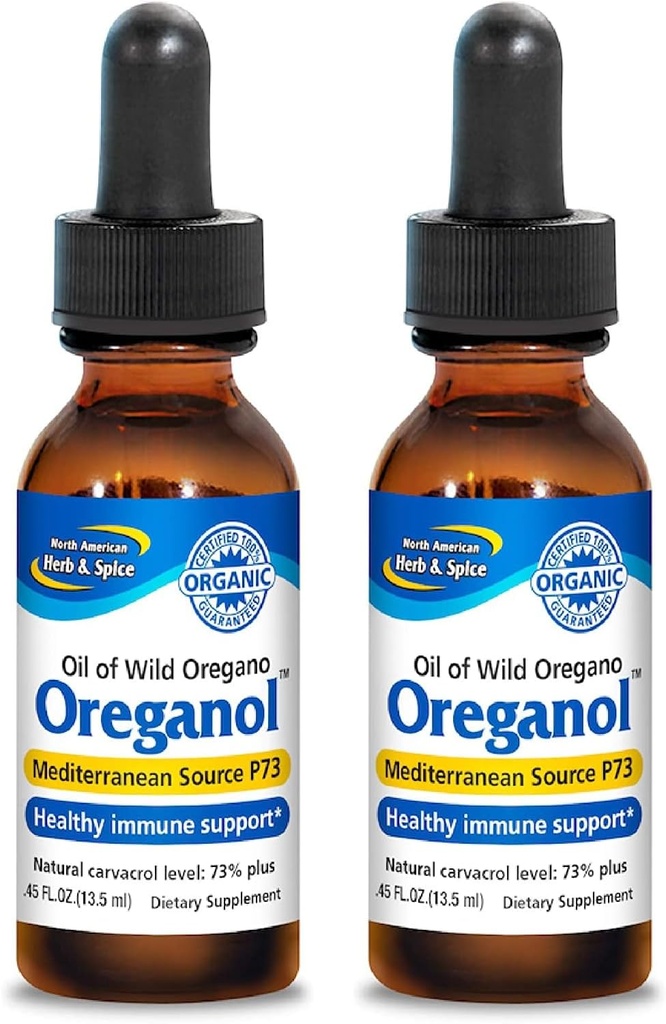 NORTH AMERICAN HERB & SPICE Oreganol - 0.45 fl oz, Confezione da 2 - Unprocessed, Wild, Organic Oregano Oil - Mediterranean Source P73 - Non-GMO - 388 Total Servings