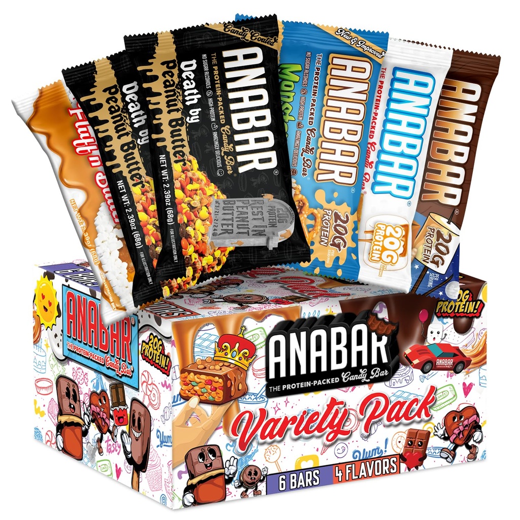 Anabar Protein Bar, The Sampler Pack, The Protein-Packed Candy Bar, World's Best Tasting Protein Bar, No Sugar Alcohols, High Protein, Amazingly Delicious, 20 Grammi di Protein (6 Bar, Original Variety)