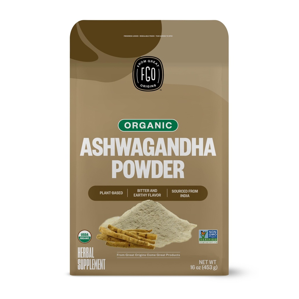 FGO Organic Ashwagandha Root Powder, 16oz Risailable Bulk Bag, Non-GMO, Indian Ginseng, Withania Somnifera, Fonte dall'India (Pack of 1)
