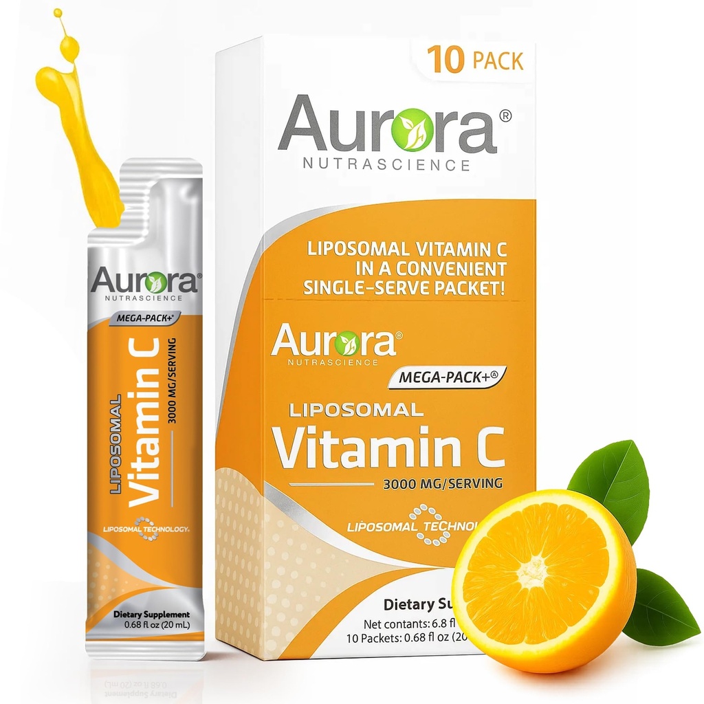 Aurora Nutrascience Mega-Pack Liposomal Vitamin C, Supporto Immune, 3.000 mg Per Serving, Vegan, Gluten Free, Non-OGM, 10 Single Serve Packets, Arancione