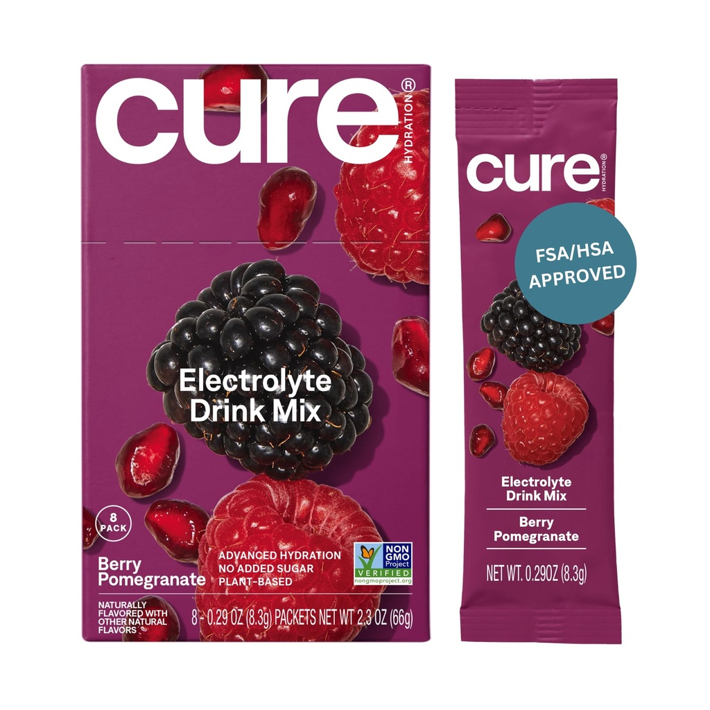 Idratazione di Cure | Miscela di bevanda elettrolita a base vegetale | Non Aggiunto Zucchero | Polvere di sollievo di disidratazione fatta con acqua di cocco | Non OGM | Vegan | Box di 8 pacchetti - Pomegranate di bacche