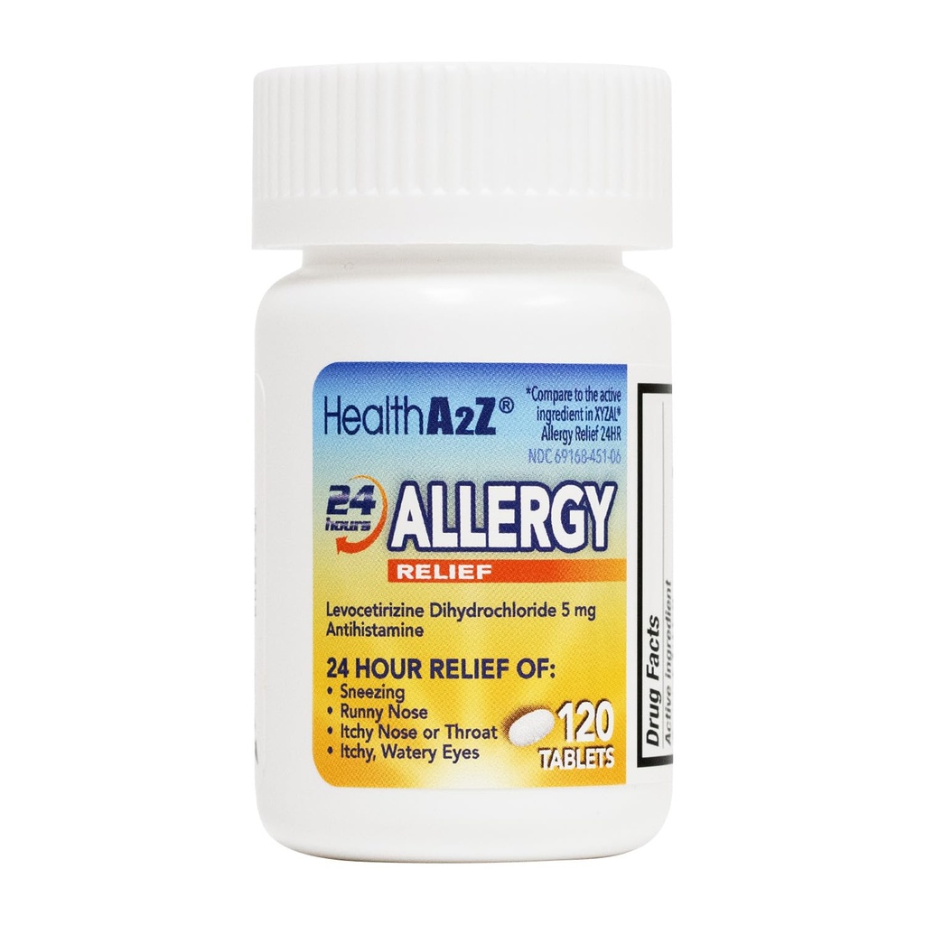 SaluteA2Z® Allergy Relief | Levocetirizine Dihydrochloride 5mg | 24 Hours | Antihistamine | Relief from Sneezing, Runny Nose, Itchy Nose and Eyes (120 Counts)
