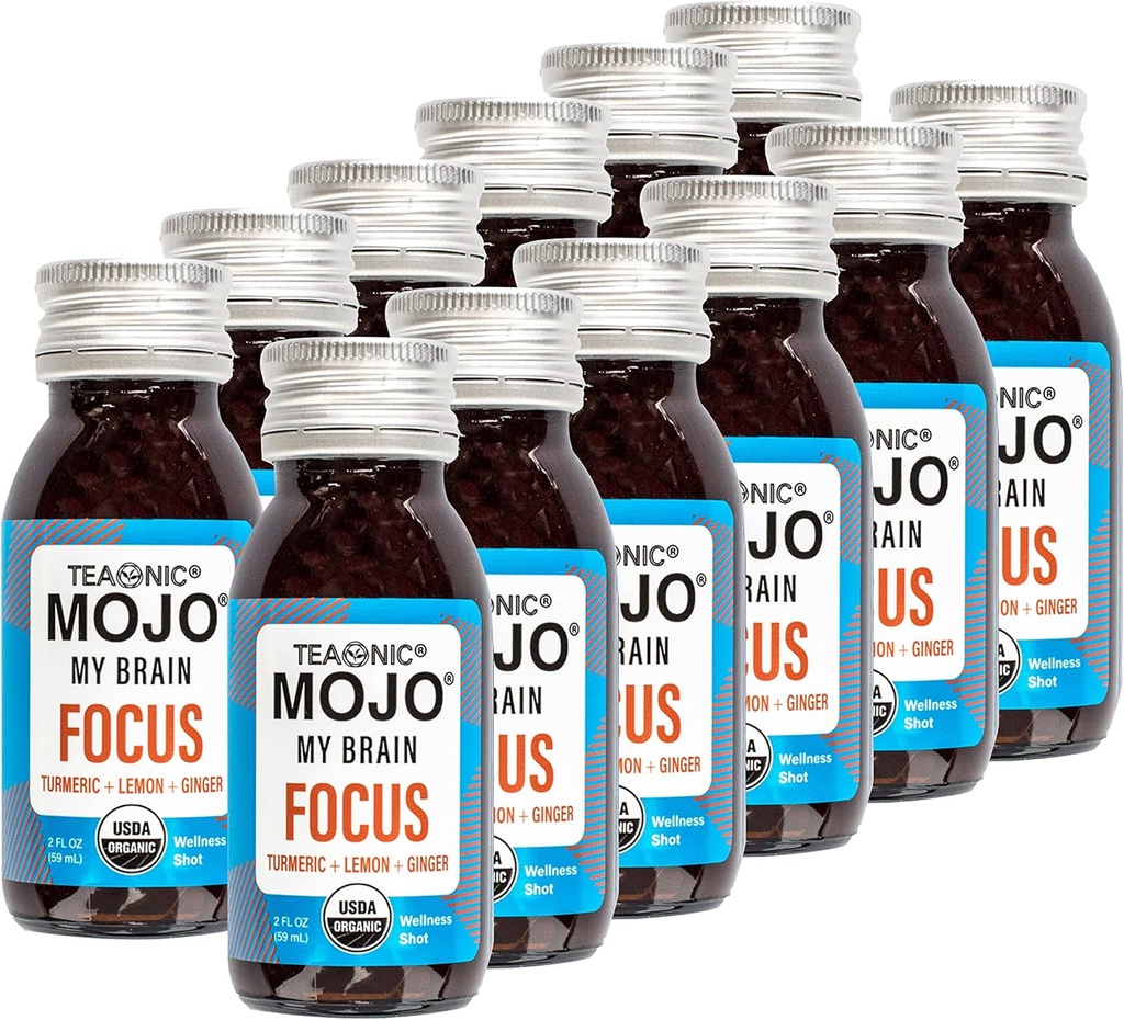 TEAONICO My Brain Mojo: Focus Wellness Shots - USDA-Certified Vegan Formula con Ginkgo Biloba, Ginger, Turmeric - 12 Bottiglie x 2 Fl Oz Ogni - Gluten-Free, Non-OGM