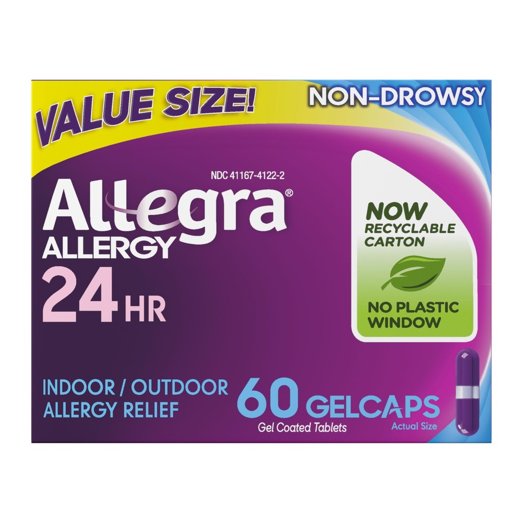 Allegra Adulto 24-ore allergia Rilievo Gelcaps, Non-Drowsy Indoor and Outdoor Allergy Medicine, 180 mg Fexofenadine HCI Antihistamine Pillola, 60-Count