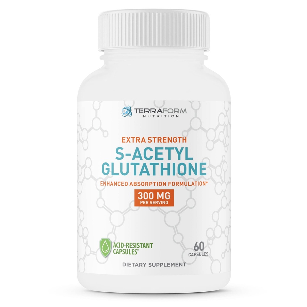 TerraForm Nutrition Extra Strength S-Acetyl Glutathione 300mg – 60 Acid-Resistant Capsules - Integratore Glutathione Premium - Integratore SAG altamente biodisponibile e stabile – Made in USA