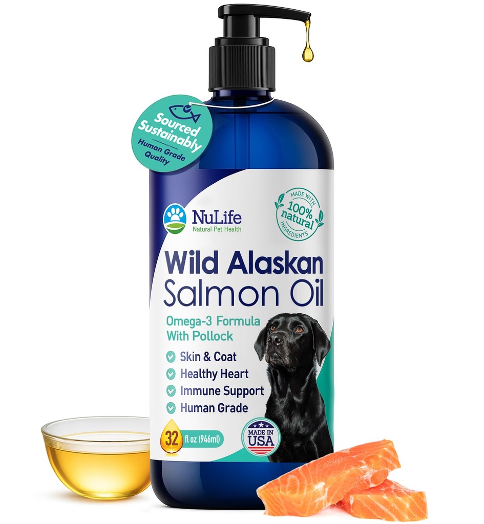 Pure Wild Alaskan Salmon olio per cani, Formula 3 Omega, Liquido dell'olio del pesce del cane, supplemento della pelle e del cappotto per spargimento, pelle di prurito secca e alleergie, EPA + DHA acidi grassi, Bottiglia della pompa di 32 oz