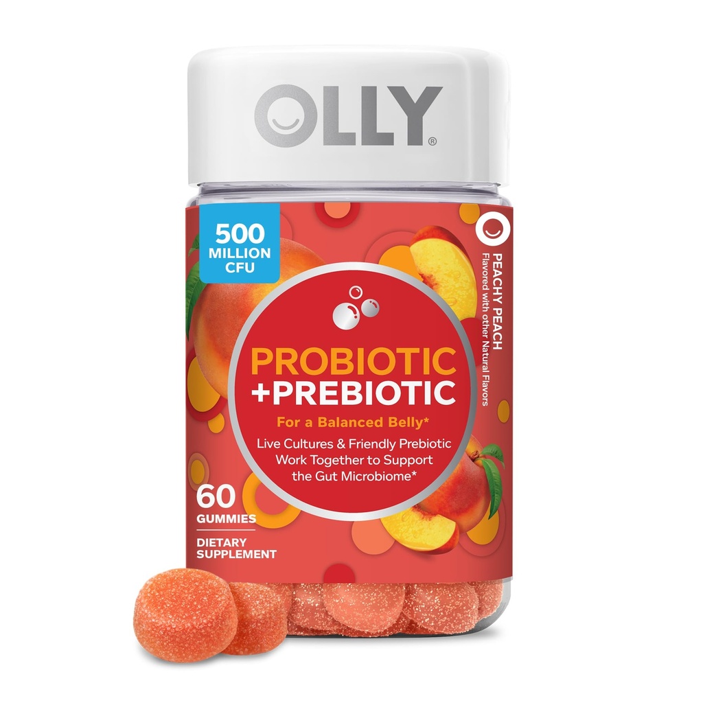 OLLY Probiotic + Prebiotic Gummy, Supporto Digestivo e Salute Gut, 500 milioni di CFU, Fibra, Adulto Chewable Supplement per Uomini e Donne, Peach, 60 giorni di alimentazione - 60 Conte