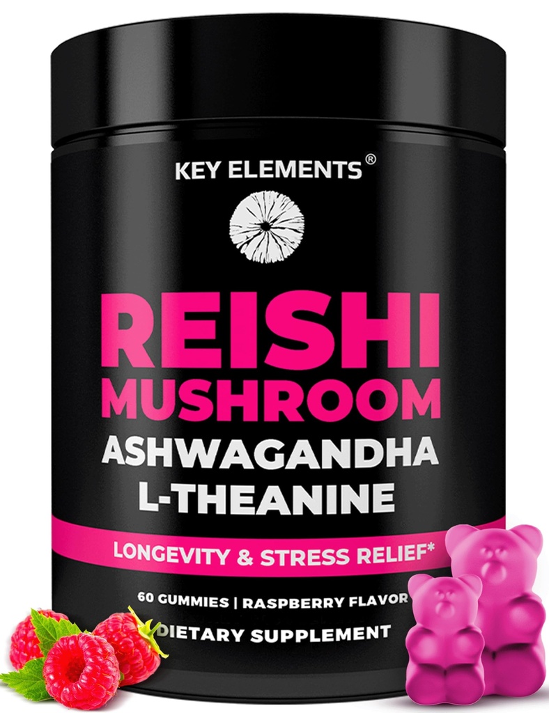 Natural Reishi Mushroom Gummies & L Theanine con Ashwagandha - Potent Mushroom Supplements for Immune Support, Stress Relief & Better Sleep Gummies - Ashwagandha Gummies for Women & Men