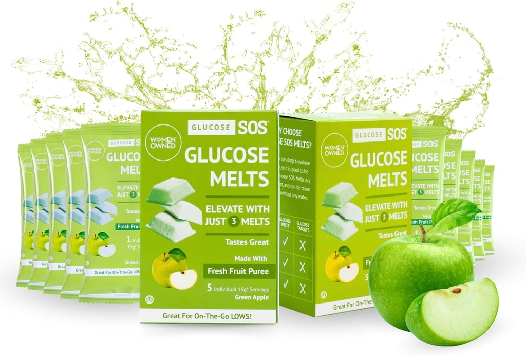 Glucose SOS Melts Realizzati con polvere di Dextrose Puree Sugar, Glucose Tabs, Integratore Sportivo, Tavole Attive Veloce con 10 Individuali 15g Serve di Mela Verde