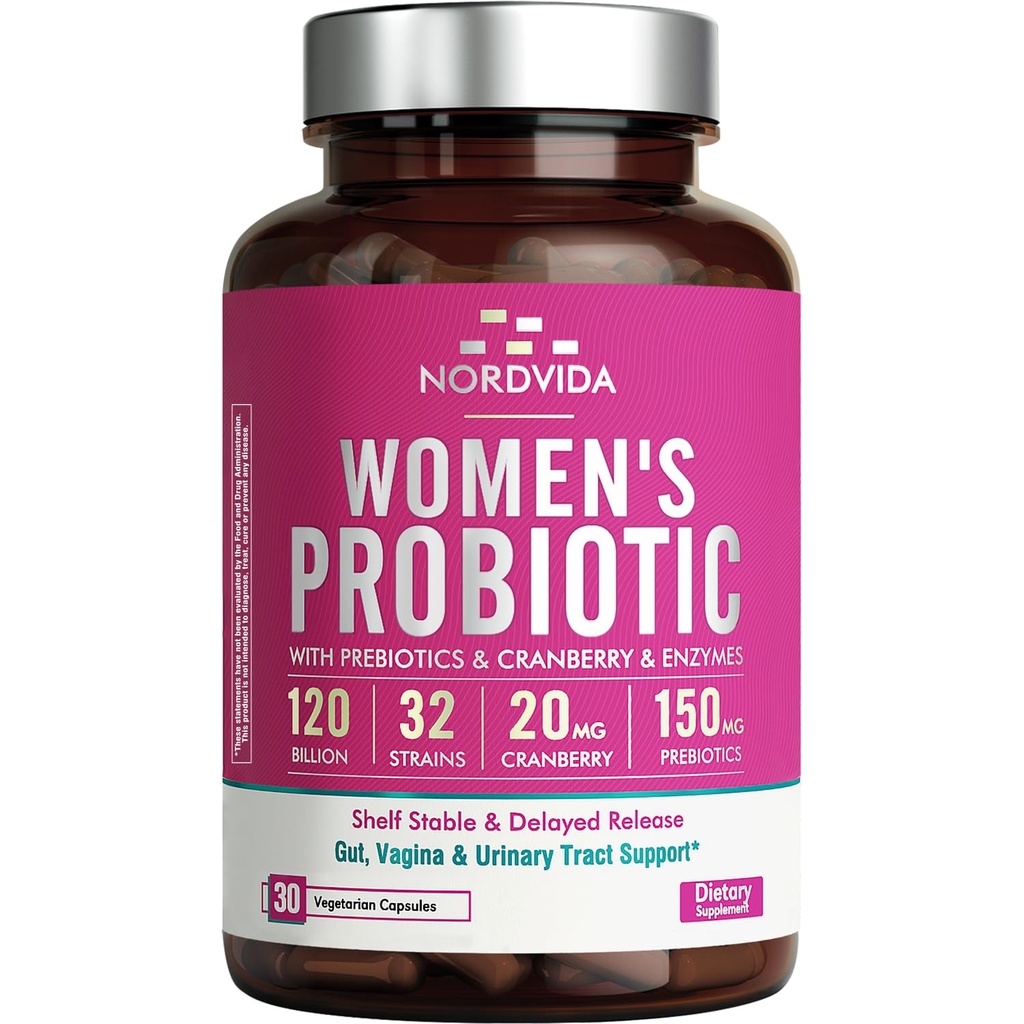 Probiotico femminile, 120 miliardi e 32 strati con mirtillo, prebiotici e enzimi digestivi, Gut, Vaginal & Urinary Tract Support, 30 capsule di rilascio ritardate