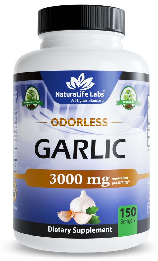 NaturaLife Labs Odorless Aglio – 3.000 mg Equivalente per porzione – 150 Softgels – Estratto di lampadina aglio concentrato con olio extra vergine di oliva biologico – Non OGM, Senza glutine