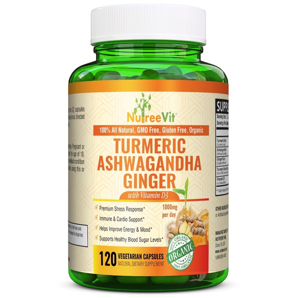 NutreeVit Organic Turmeric con Ashwagandha & Ginger - 120 capsule | Ashwagandha Root & Turmeric Supplement con vitamina D3 | Integratore di erbe per il benessere generale