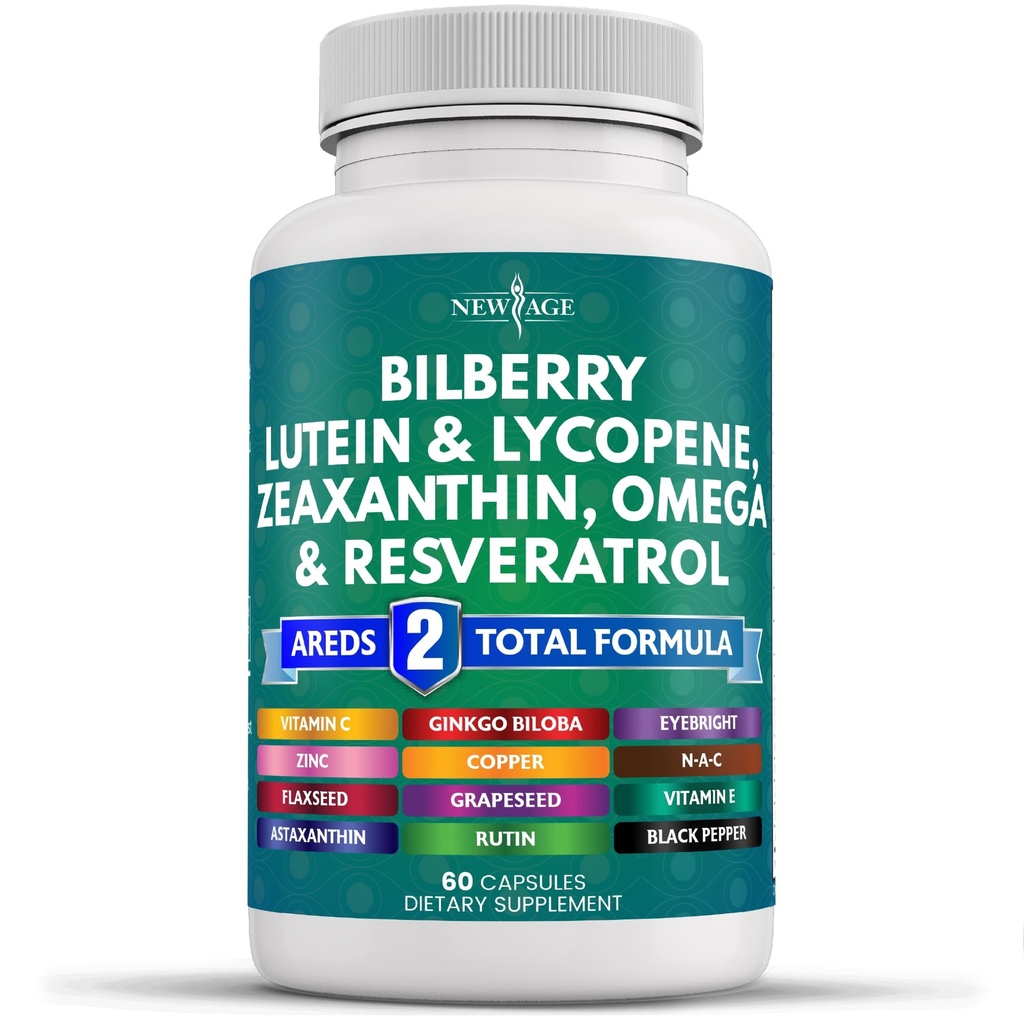 NUOVO AGE Eye Health Vitamine con Bilberry Lutein & Zeaxanthin Lycopene Resveratrol Grape Seed Astaxanthin - Eye Vitamin - 60 Conte