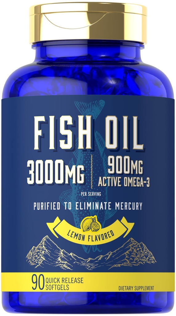 Carlyle Fish Oil 3000mg | 900mg Omega 3 | 90 Softgels | Limone Flavor | Non OGM e Gluten Supplemento gratuito