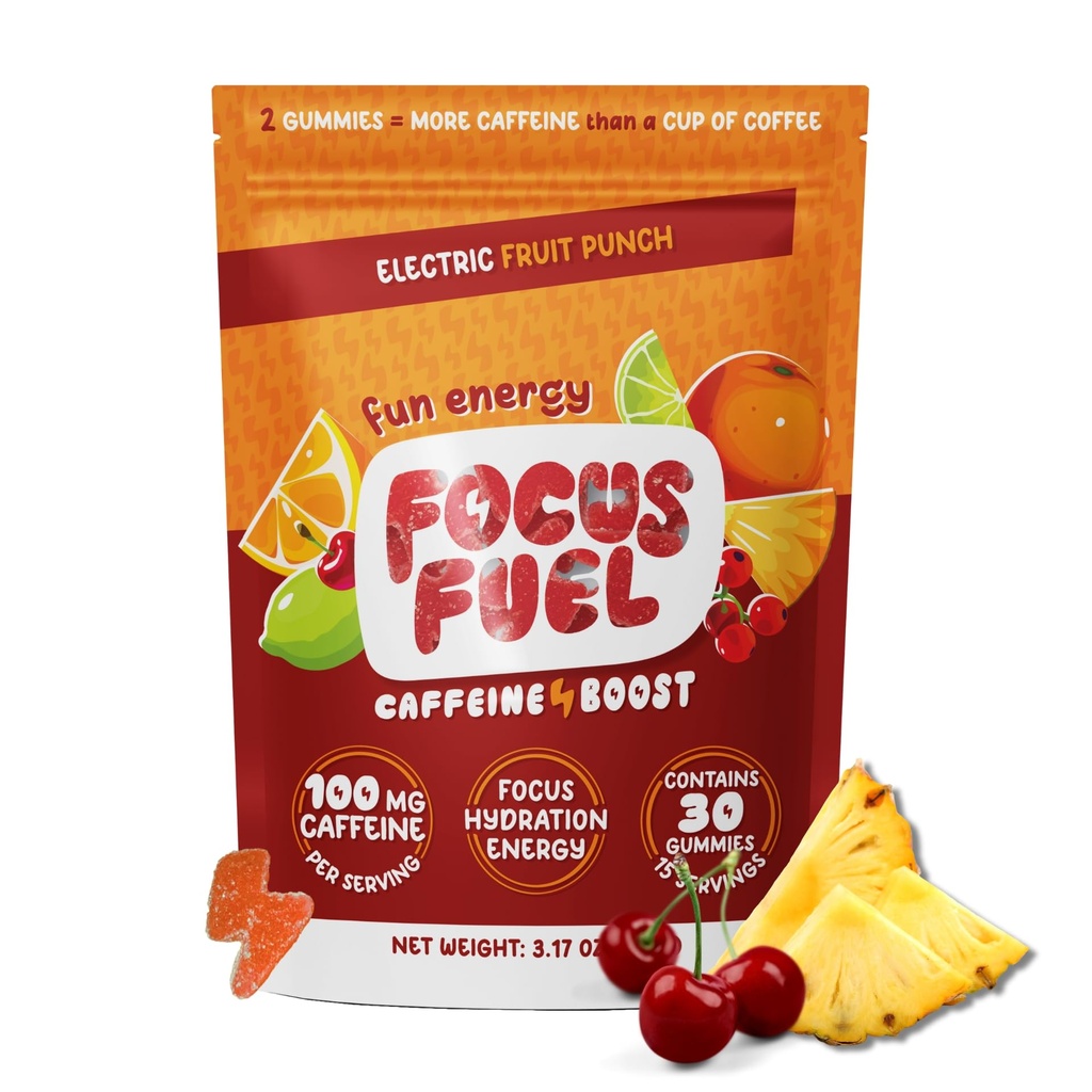 FocusFuel Energy Chews – Fruit Punch Flavor (15 Servings) – 100mg Caffeina + L-teanina + B12, Magnesio – Boost Focus & Energy – No Crash or Jitters