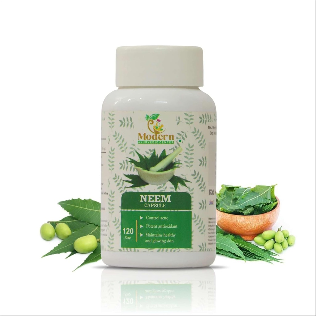 Moderno centro ayurvedic Neem 120 capsule supporta il controllo dell'acne, protezione antiossidante, pelle sana e luminosa Pure Neem (Azadirachta Indica) supplemento per il benessere naturale
