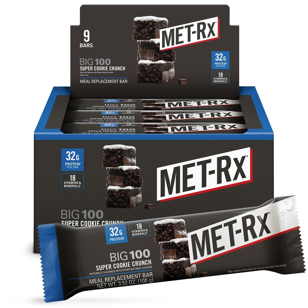 MET-Rx Big 100 Protein Bar, Bar di ricambio per pasti, 32G Protein, Super Cookie Crunch, 9 Bar (Pack of 1)