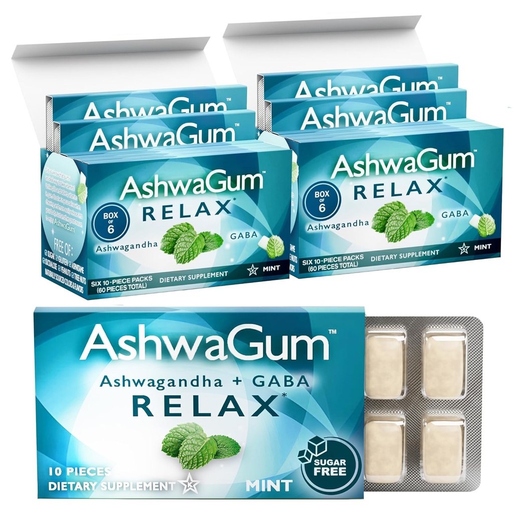 AshwaGum RELAX Gum di BetterGum, Supplemento ad alta potenza con KSM 66 Ashwagandha e Gaba, Supporta Stress e Tension Relief, Alternative a Gummies, Senza zucchero, Confezione da 2