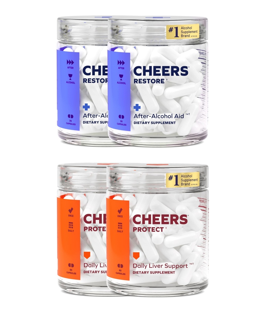 Cheers Liver Combo | Ripristino + Proteggi | Supporta il tuo fegato e senti meglio dopo aver bevuto | DHM, L-Cysteine, Cardo al latte, Prickly Pear, B-Vitamins | 24 Dosi Ripristino, 60 Dosi Proteggi