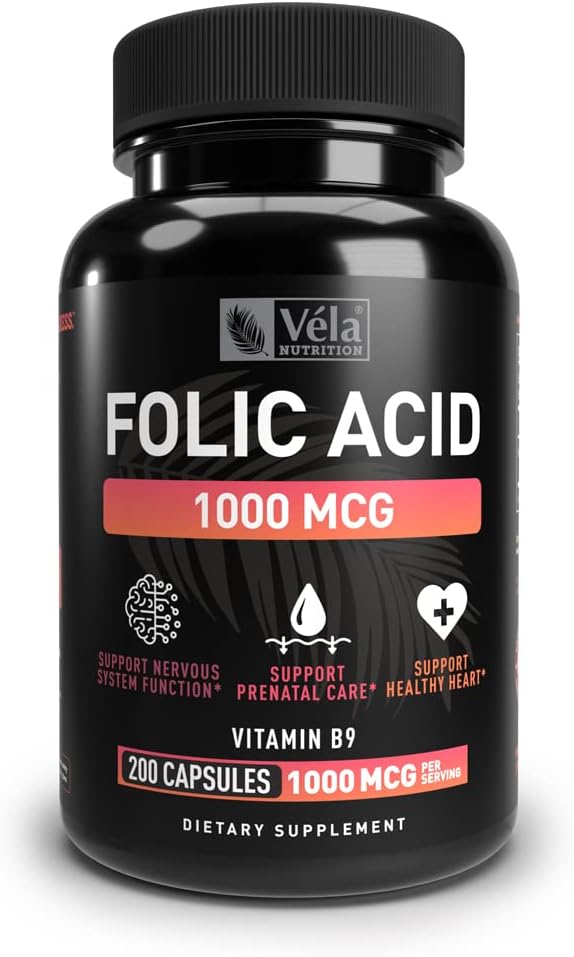 Integratore di acido folico | 1.000 mcg per il servizio, 200 capsule | Sostenere la salute del cuore, supplemento di supporto prenatale | Non-GMO, terza parte testata