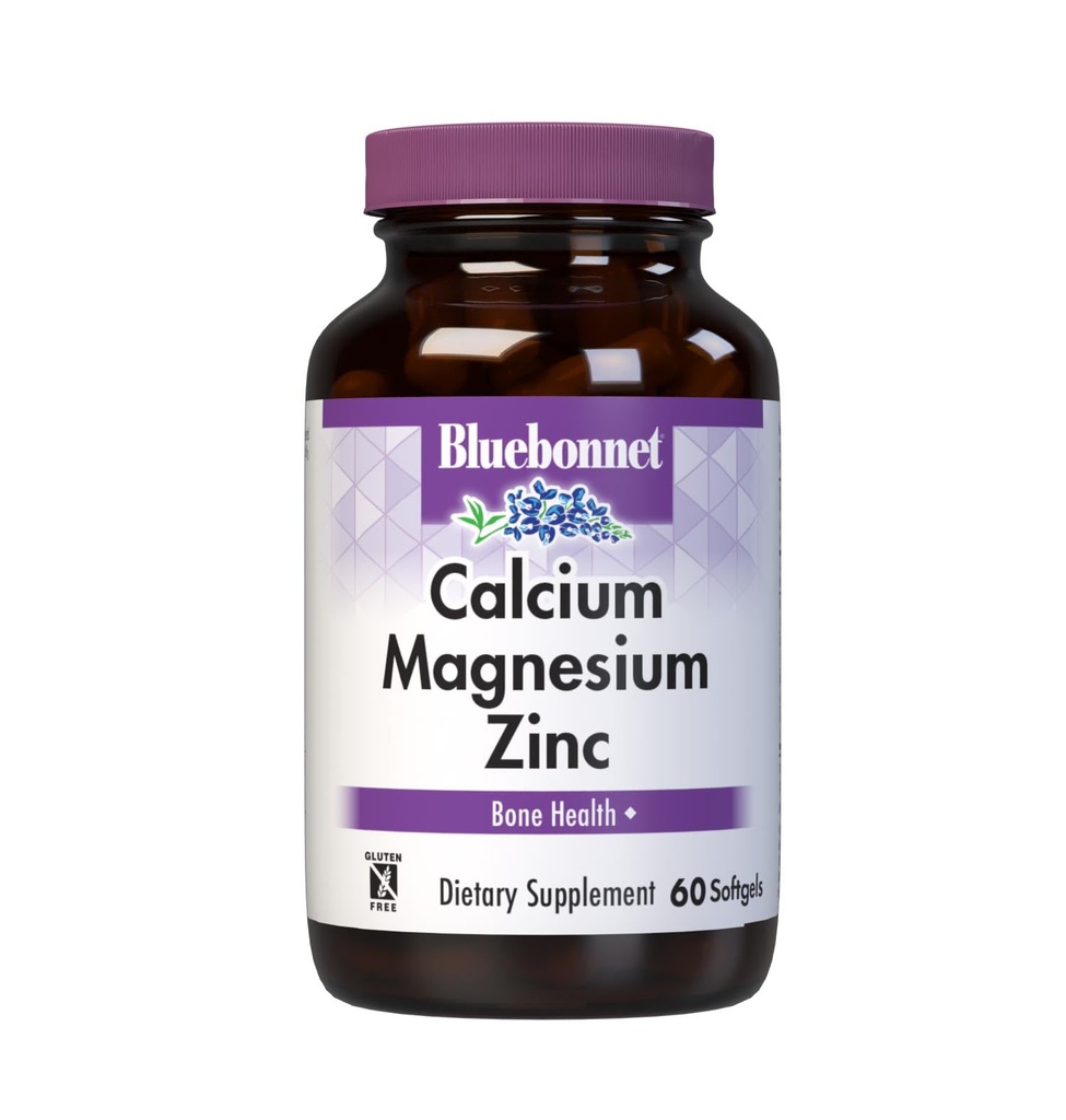 Bluebonnet Nutrition Calcium Magnesium Zinc Plus Vitamina D3, 1000 mg di Calcio, 500 mg di Magnesio e 15 mg di Zinco, 400 IU Vitamin D3, For Strong Healthy Bones*, Gluten-Free, Dairy-Fee, 60 softgel