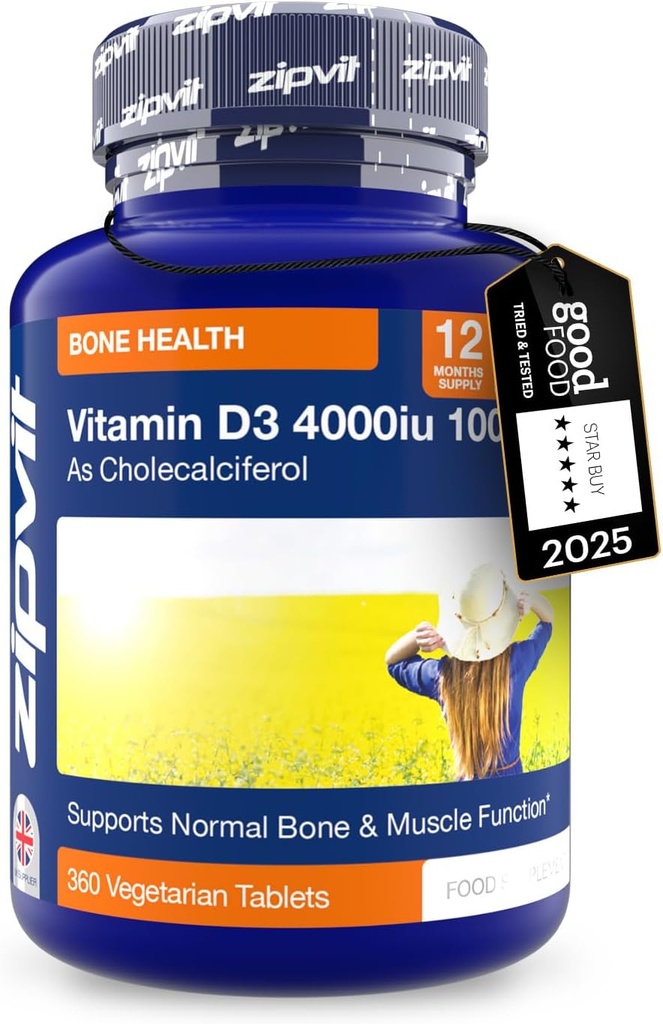 Zipvit Vitamin D3 4000iu x 360 Compresse - Vitamina D | ad alta resistenza Supporta funzione Bone & Muscolo - Mantiene il sistema immunitario | Vegetariano - 12 mesi di alimentazione