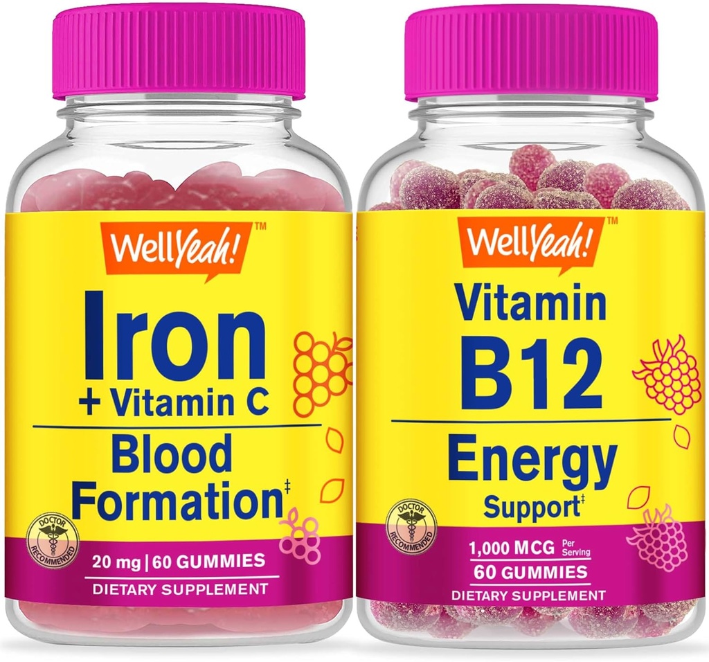 WellYes Iron+Vitamin C + Vitamina B12 1000mcg, Gummies Bundle - Grande degustazione, Integratore di vitamina, Gluten Free, OGM Free, Gomma masticabile