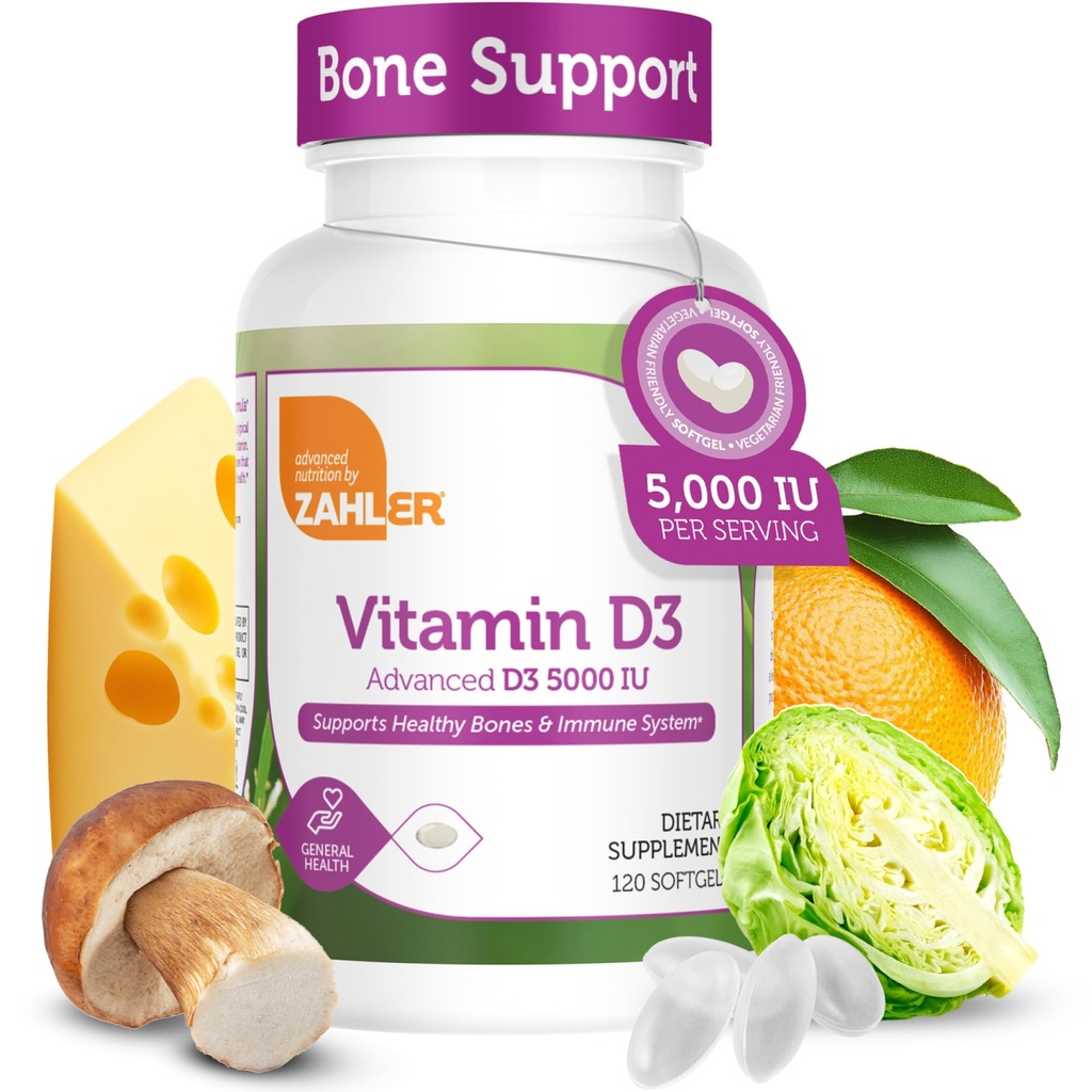 Zahler - Vitamina Avanzata D3 5000 IU Softgels (120 Count) Kosher Vitamina Per vegetariani Amichevole D per il supporto immunitario, Bone, denti &amp; salute del muscolo - Supplemento giornaliero di vitamina D3 per gli adulti - Easy Swallow V